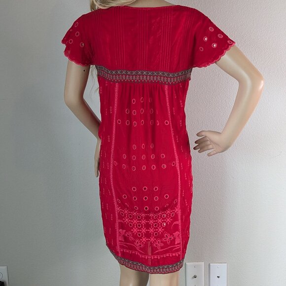 Johnny Was Dress Women's Small Red Eyelet Embroidered Scalloped V-Neck Babydoll - Picture 3 of 16